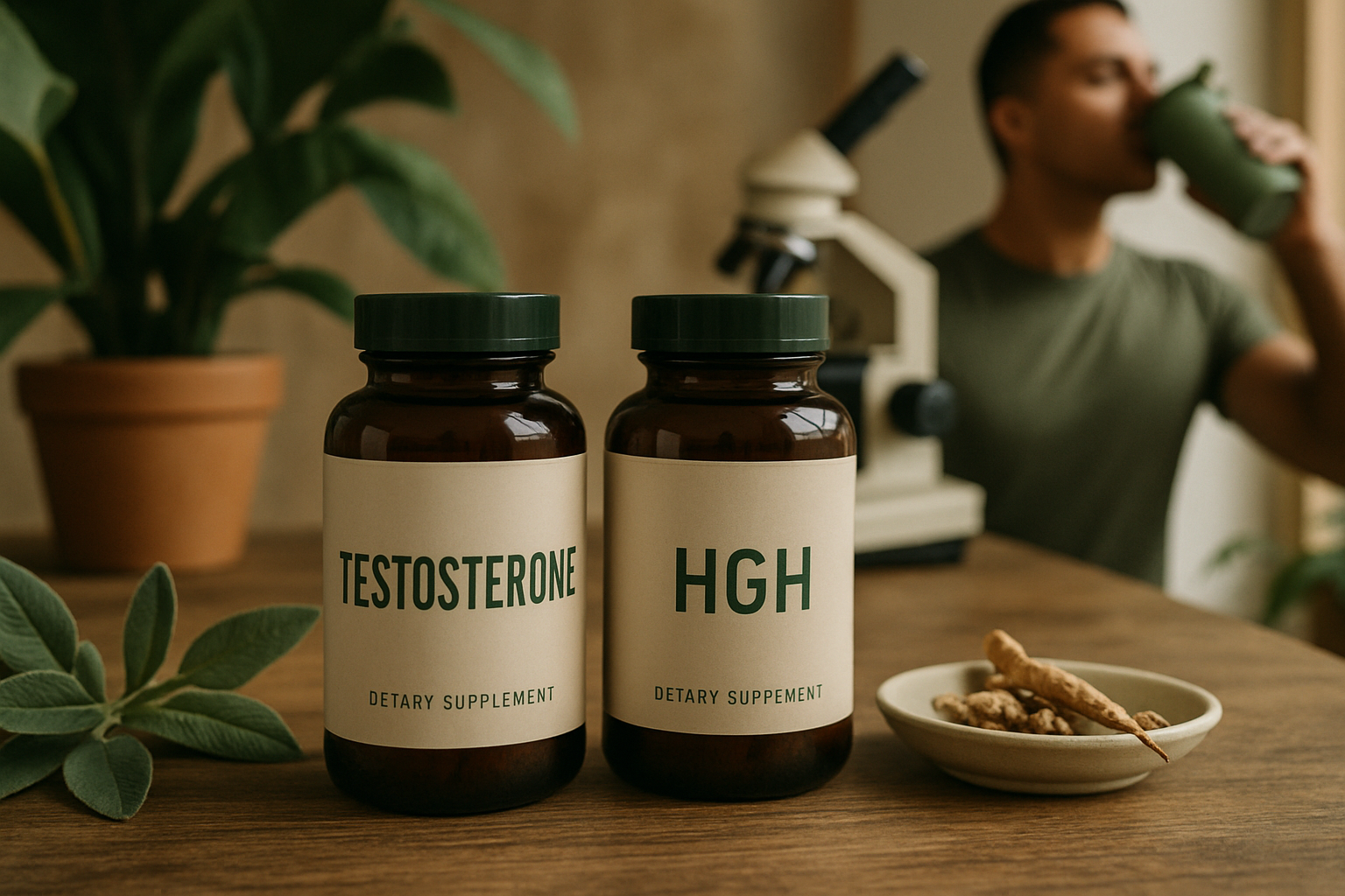 Symbolische Darstellung der synergistischen Wirkung von Testosteron und HGH für Muskelaufbau